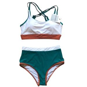 NWT Hannah Nicole Green and White Bikini Set Orange Accents SZ M 2pc Bathing